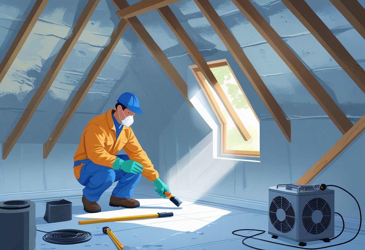 A clean attic with wooden beams, a worker inspecting it with a flashlight, and equipment to prevent mold.