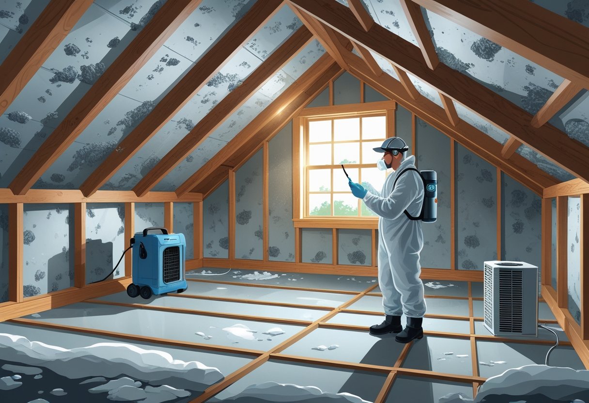 A clean attic with wooden beams, a technician inspecting for moisture, a dehumidifier, ventilation vents, and a sealed vapor barrier, showing a mold-free environment.