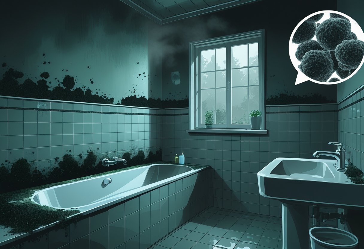 Bathroom interior with visible mold growing on tiled walls and around the bathtub, showing signs of moisture and water damage.