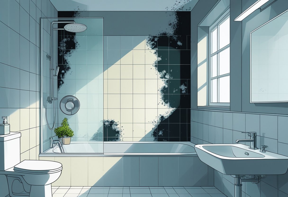 A bathroom interior showing mold growth behind tiles, around the bathtub edges, and near the ventilation fan, highlighting damp areas and condensation.