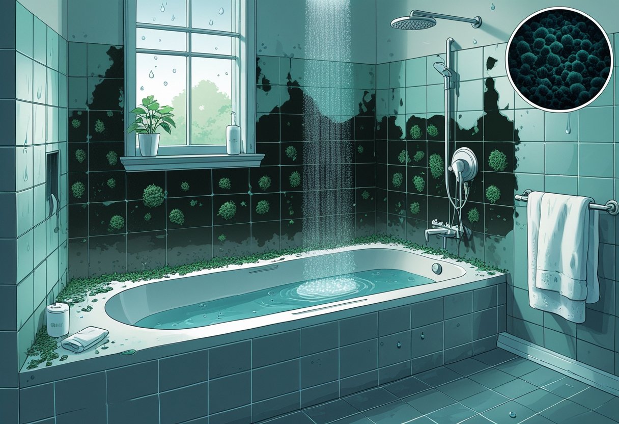 Cross-section of a bathroom showing mold growing on damp tiles, corners, and behind walls with steam from a shower and a slightly open window.