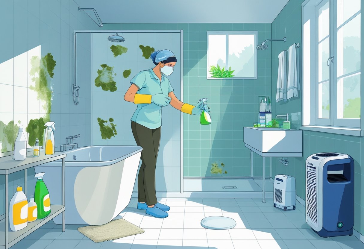 A person wearing gloves and a mask scrubbing mold off bathroom tiles using natural cleaning products in a clean bathroom with an open window and a dehumidifier.