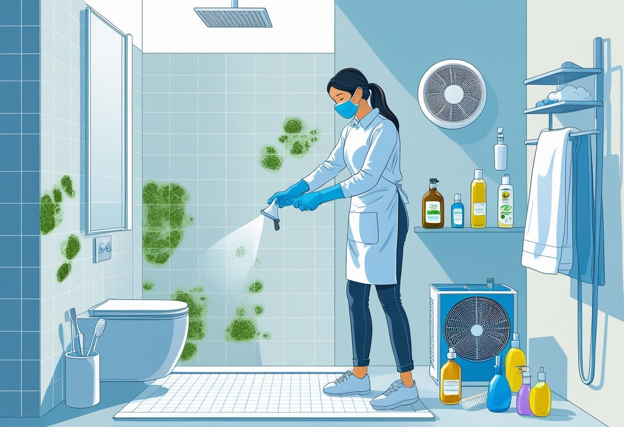 A person wearing gloves and a mask is cleaning mold from bathroom tiles using natural cleaning products, with ventilation and moisture control devices visible.