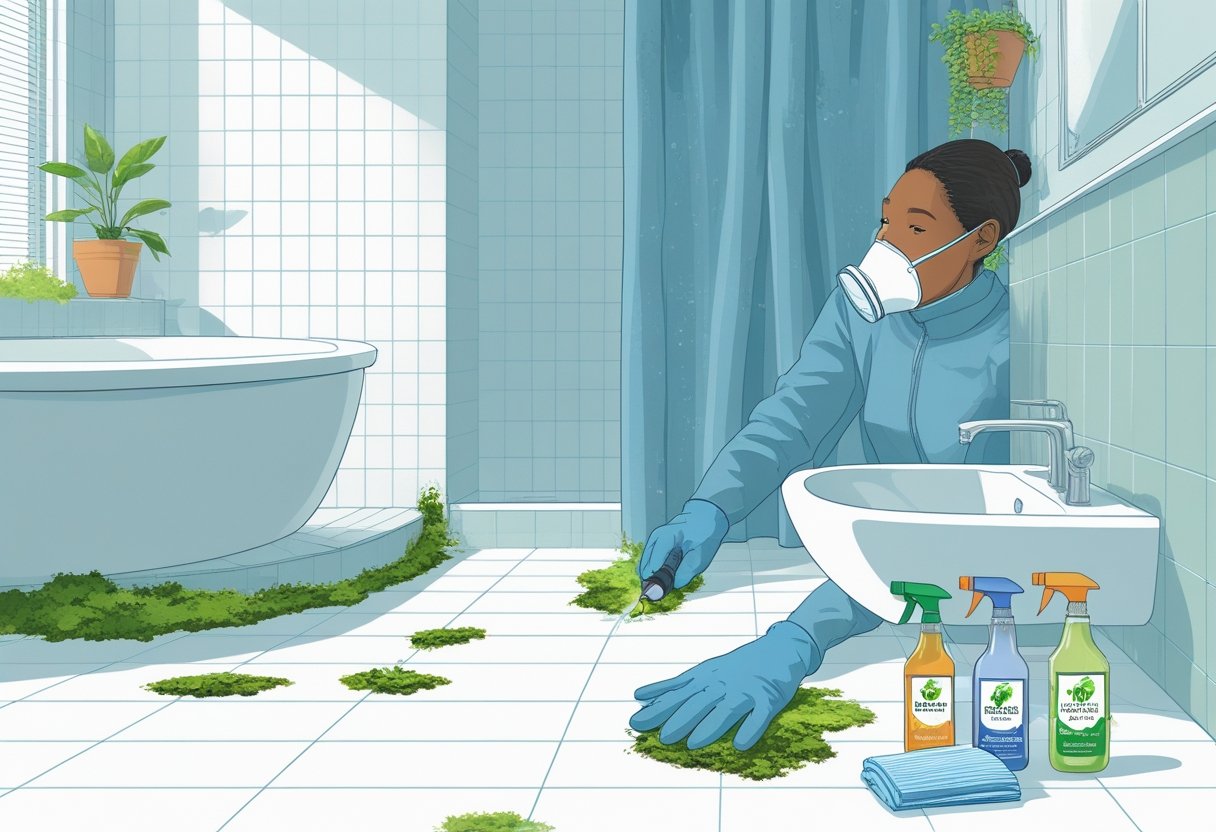 A person inspecting mold spots in a bathroom around the bathtub and sink, holding cleaning supplies, with a bright and clean bathroom background.