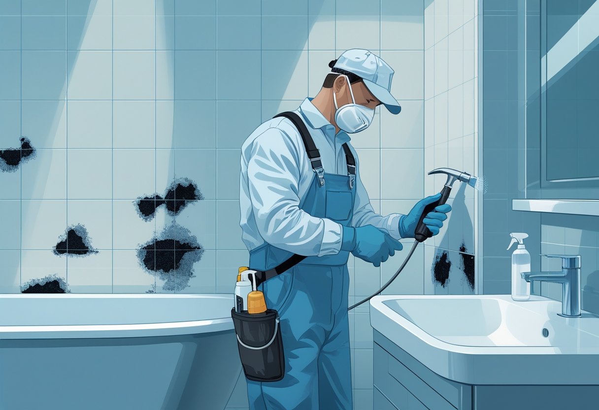 A technician inspecting mold spots on bathroom tiles near a bathtub, wearing protective gear and using cleaning tools.