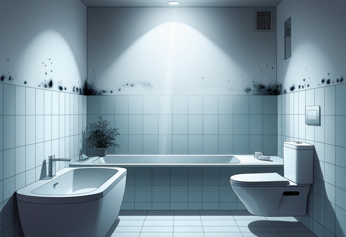 A modern bathroom interior showing subtle mold growth on tiled walls and corners near a bathtub and sink.