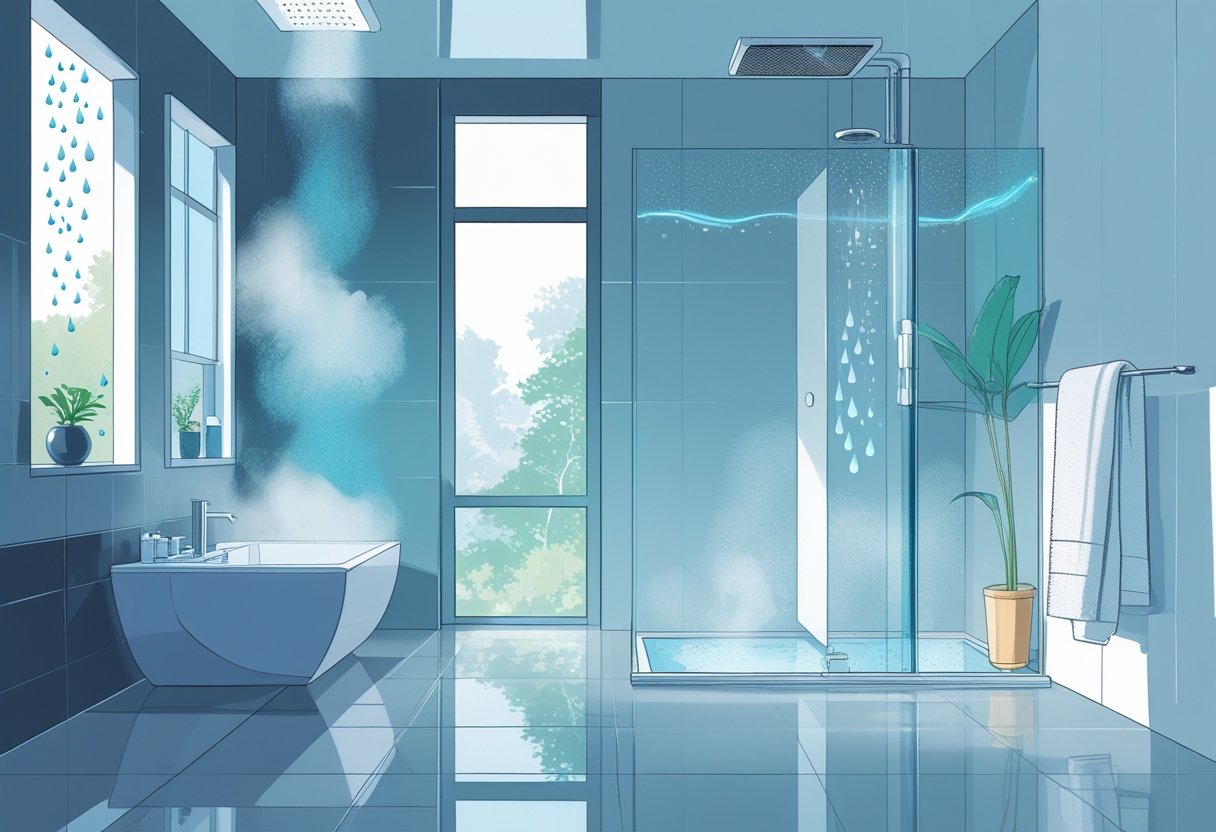 A bathroom with condensation on the mirror and windows, steam rising from the shower, mold starting to appear in corners, and a ventilation fan running to remove moisture.