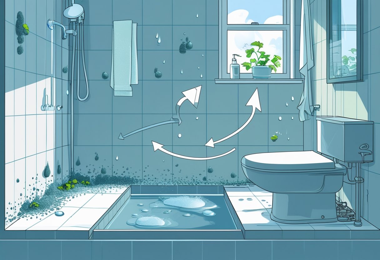A cross-section of a bathroom showing moisture condensing on surfaces, mold growing in damp areas, and a person improving ventilation to stop the mold cycle.