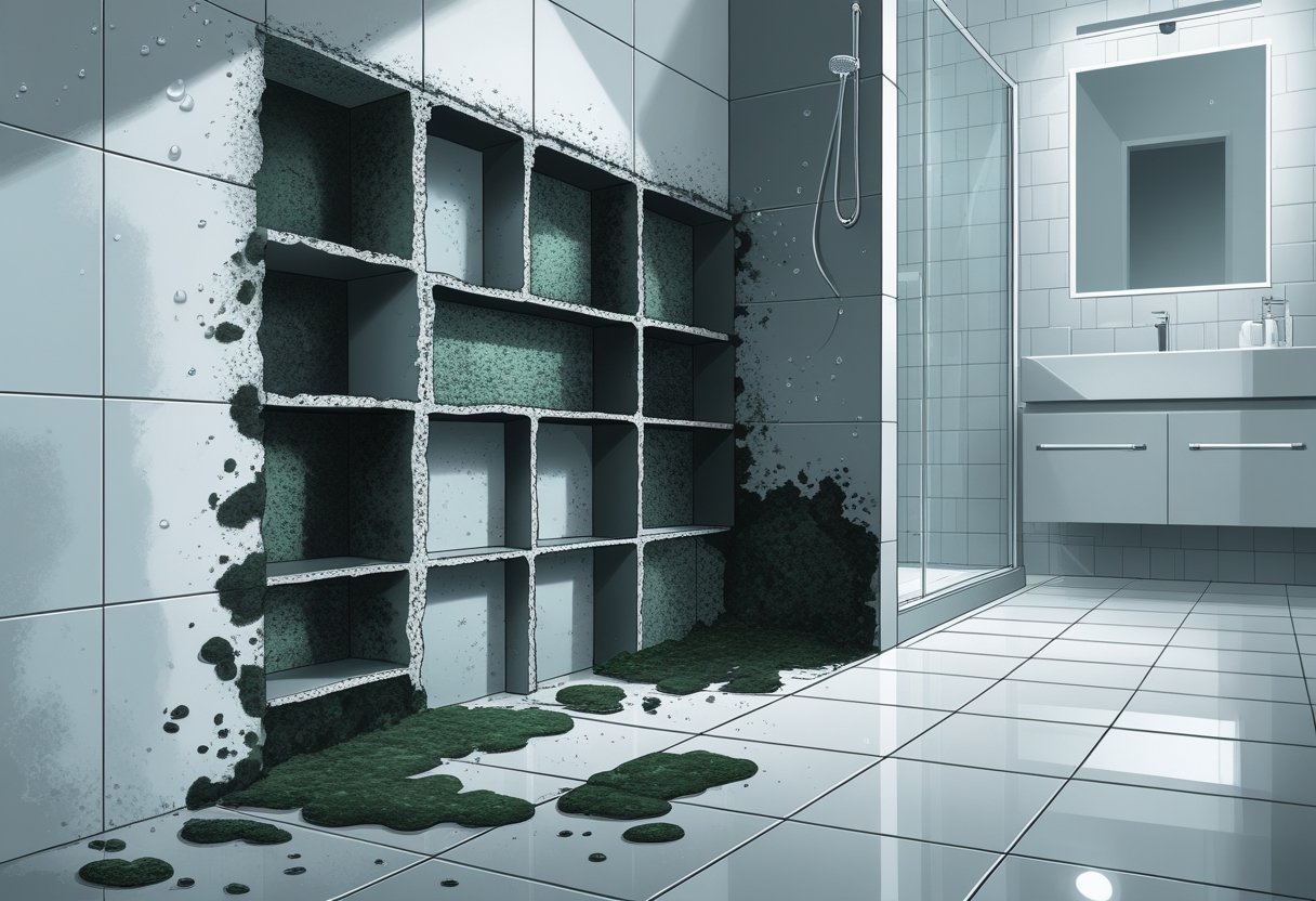 Cross-sectional view of a bathroom wall and floor showing mold growth spreading from grout lines into drywall behind tiles.