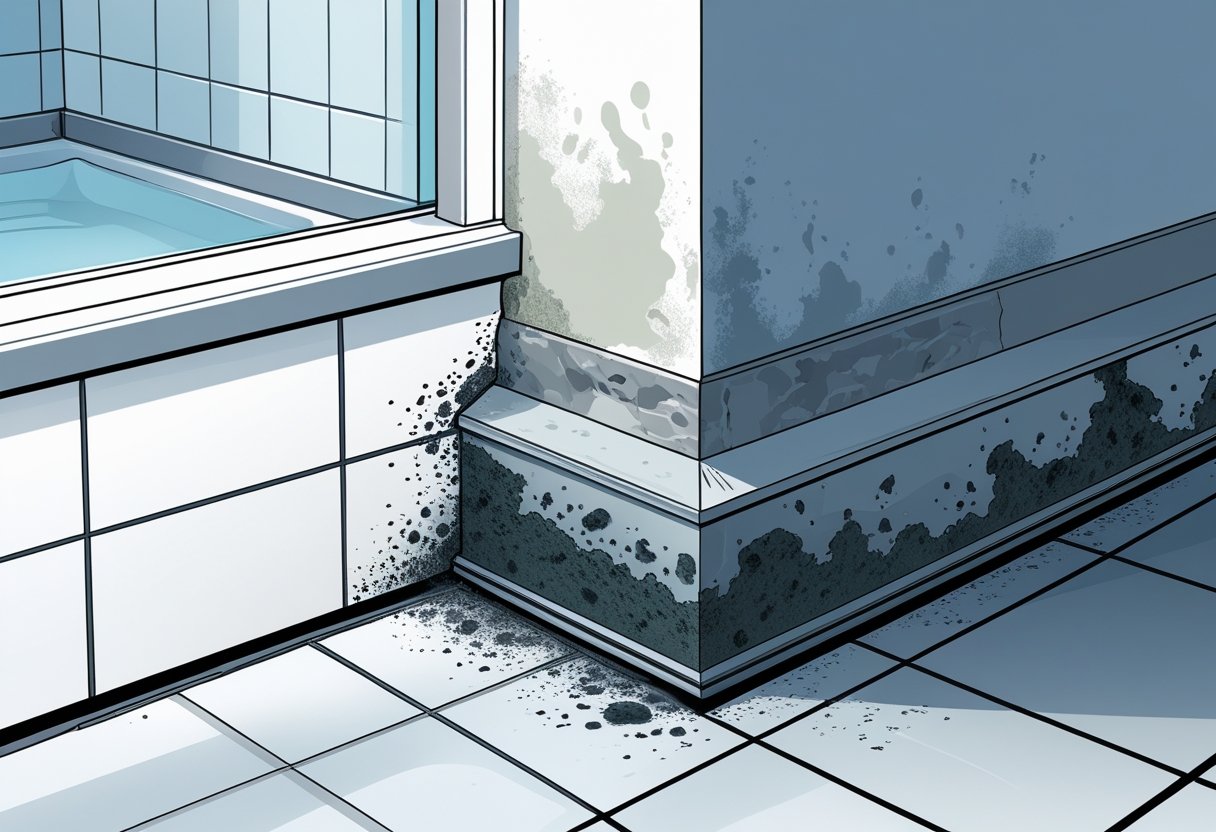 Cross-sectional view of a bathroom corner showing mold growth on grout lines, drywall, and baseboard near the floor.