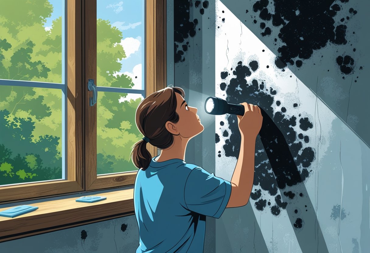 A person inspecting black mold growing on a damp wall corner inside a home near a window.