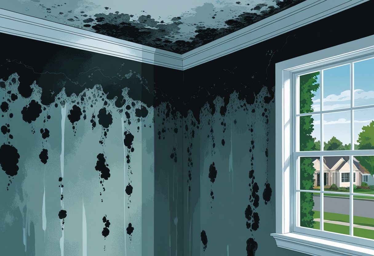 Interior of an Atlanta home showing black mold growth on walls and ceiling corners with signs of moisture damage.