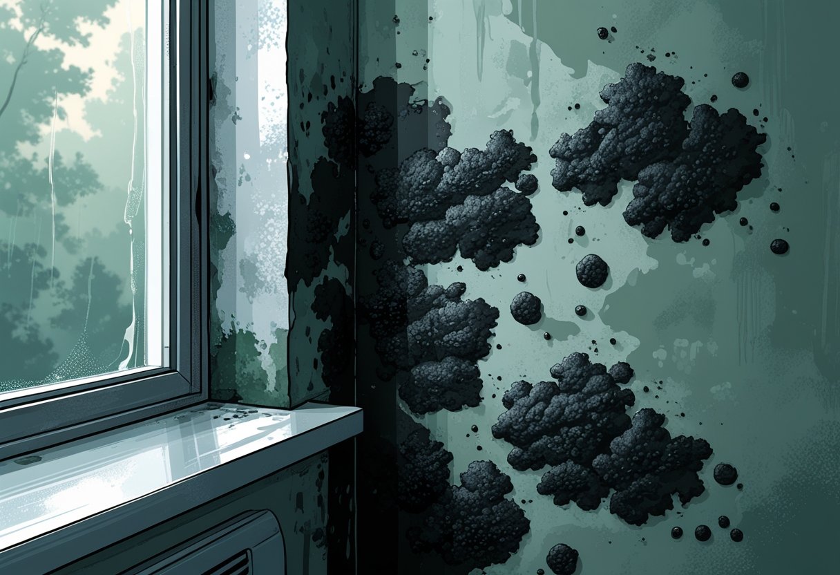 Close-up view of a damp corner wall inside a home with dark black mold patches near a window showing signs of water damage.