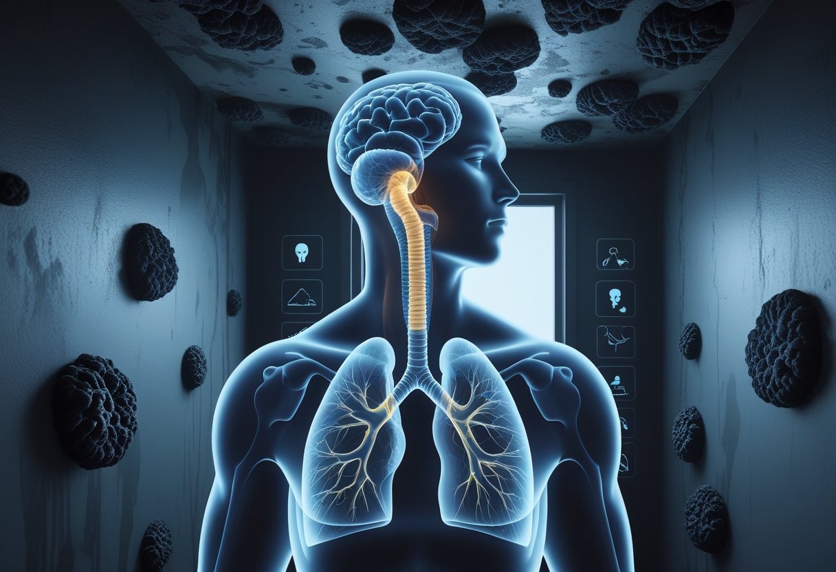 A close-up of black mold growing on a damp indoor wall with a human silhouette highlighting affected respiratory areas and icons representing symptoms like coughing and headaches.