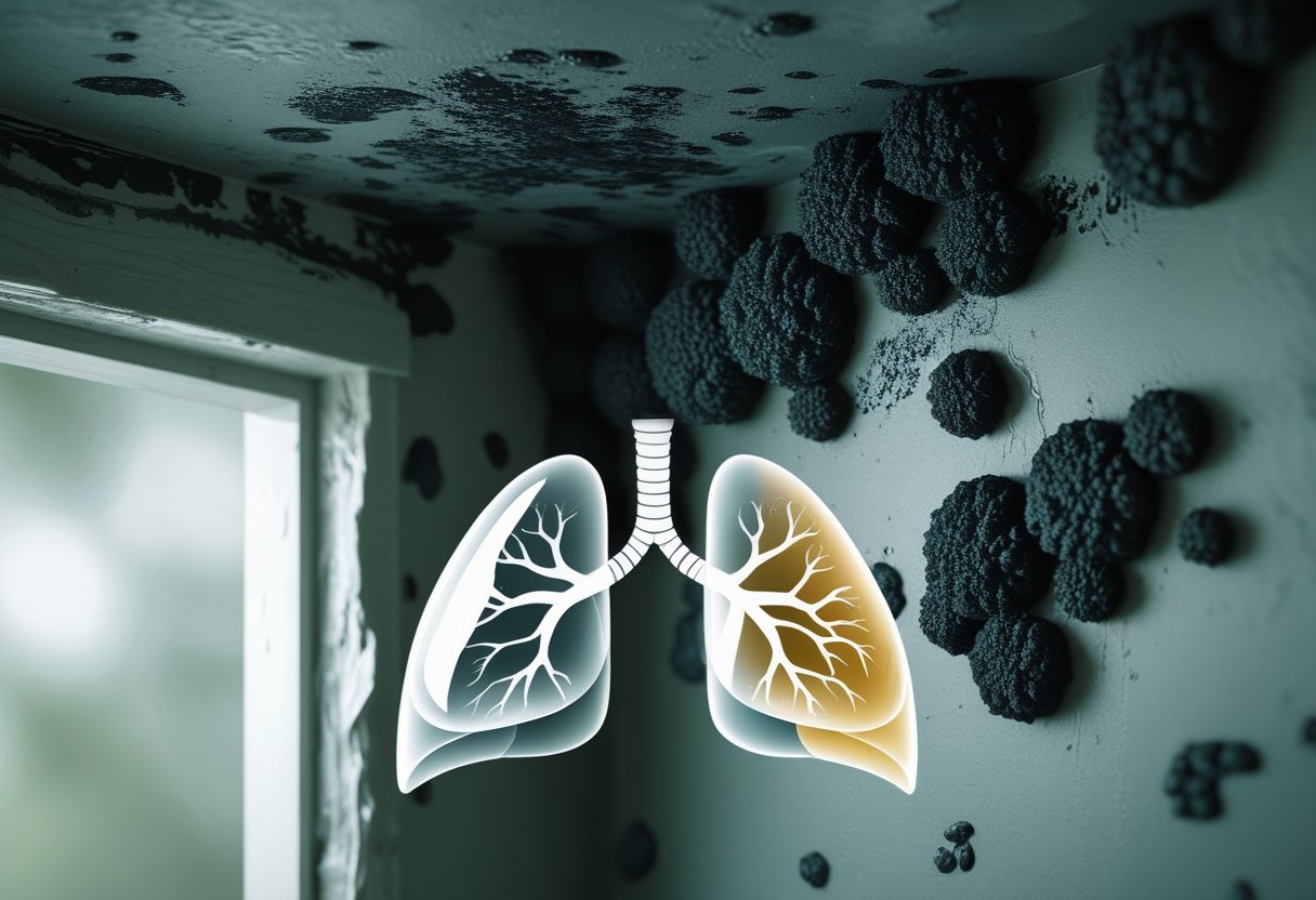 Close-up of black mold growing on a damp wall corner with an overlay of human lungs highlighting affected areas.