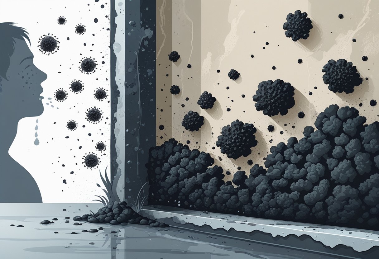 Cross-section of a damp indoor wall corner showing black mold growing and spreading with airborne spores nearby and a person coughing in the background.