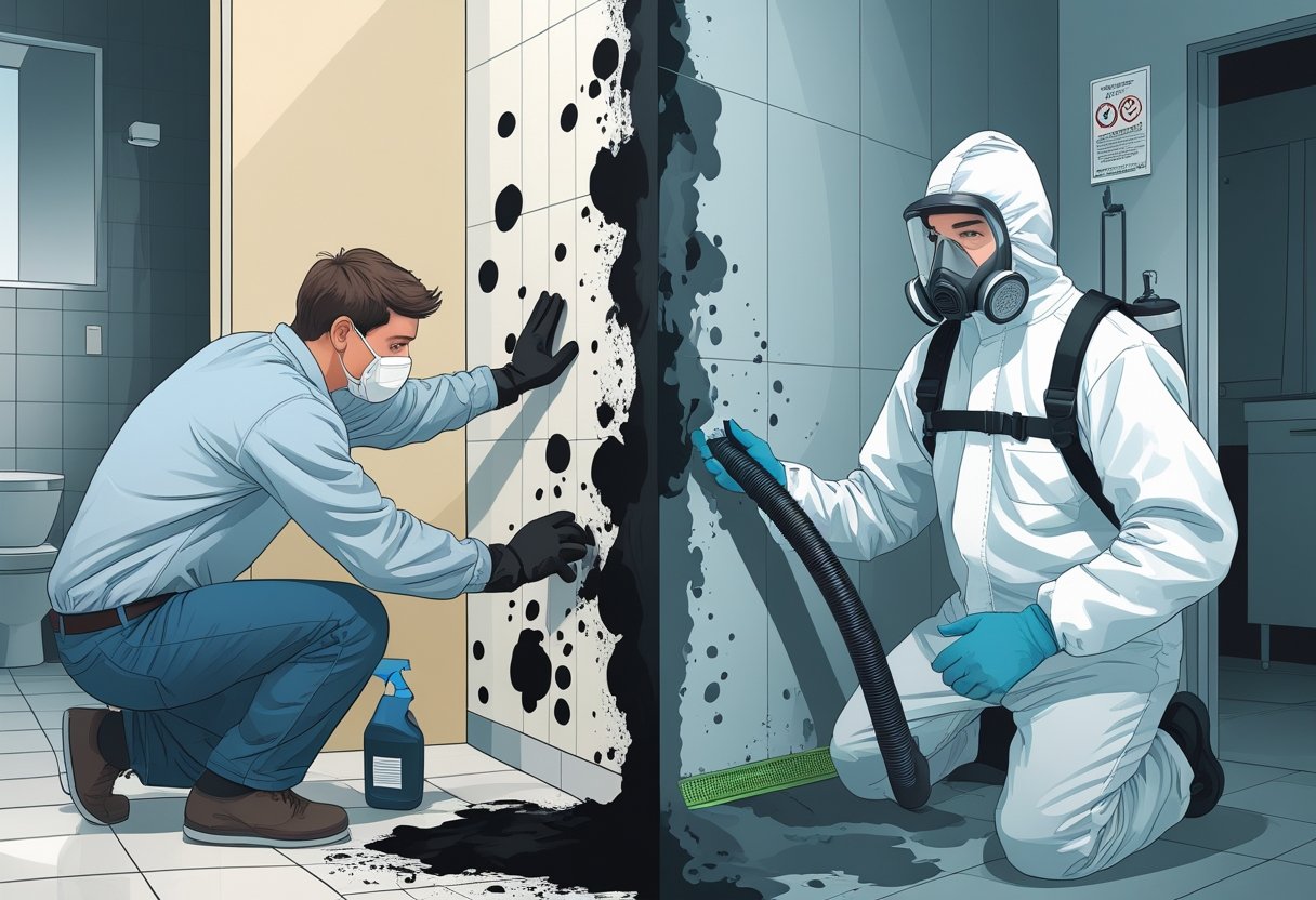 A split image showing a homeowner with minimal protective gear cleaning mold on one side and a professional wearing full protective equipment safely removing mold on the other side.