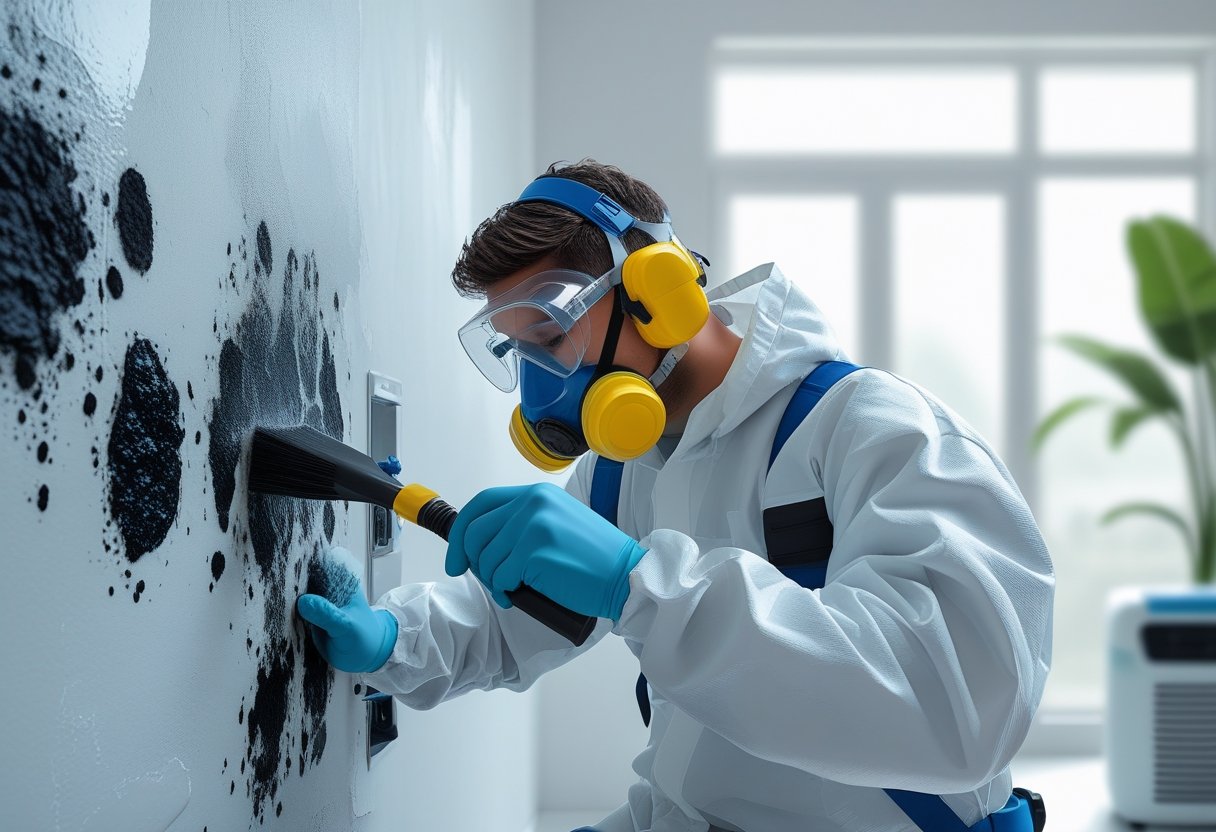 A technician in protective gear cleaning black mold from a wall in a bright, clean room with equipment for mold removal and air purification.