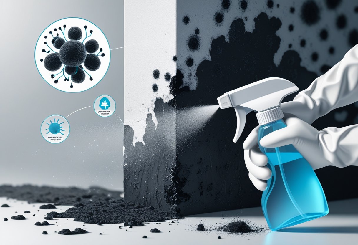 A close-up of a wall corner with black mold patches being sprayed with a cleaning solution by a gloved hand, illustrating mold removal and health risks.