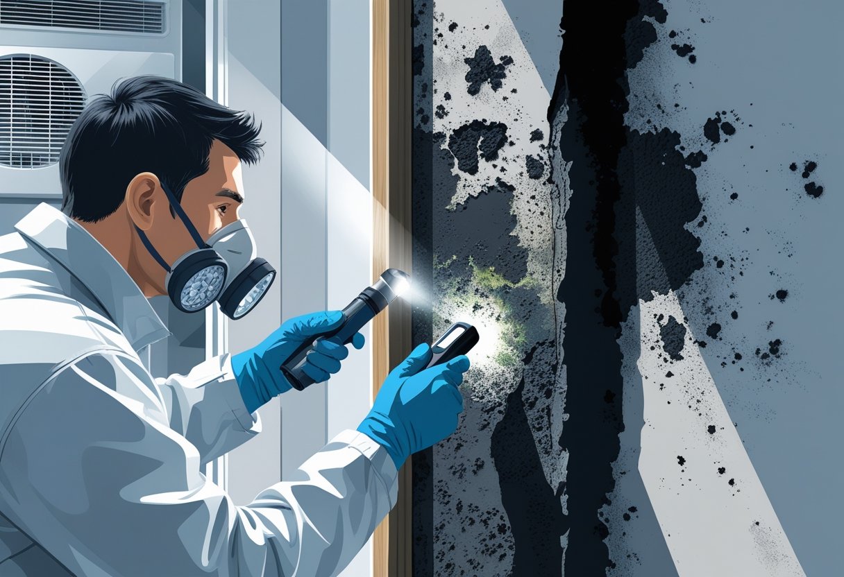 A technician inspecting black mold on a wall corner inside a home, with clean areas and equipment visible nearby.