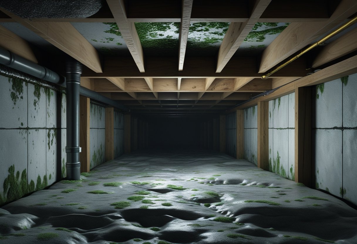 A dimly lit crawl space under a house with wooden beams and concrete walls showing patches of mold and moisture.