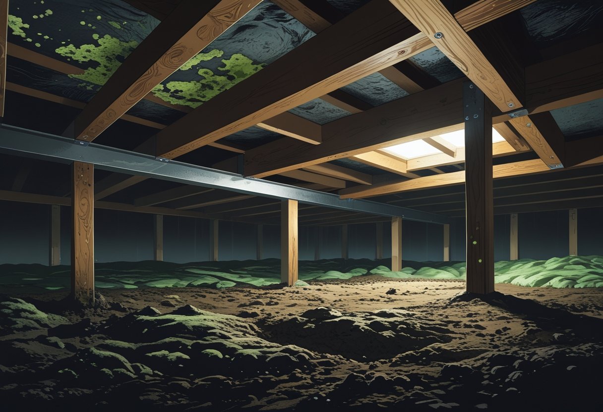 Cross-sectional view of a house's crawl space showing wooden beams with mold growth and damp soil beneath the floor.