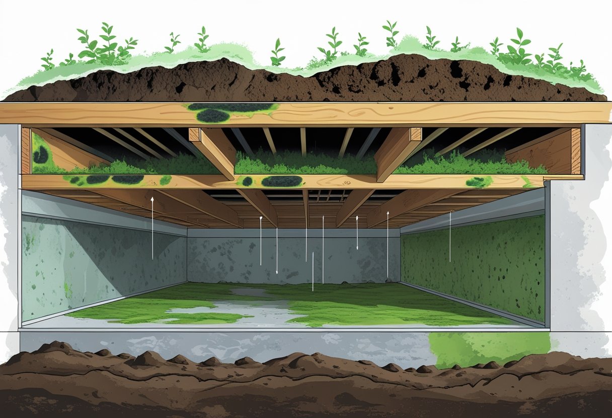 Cross-section of a house showing mold growth in the crawl space beneath the floor and its effects on the home above.