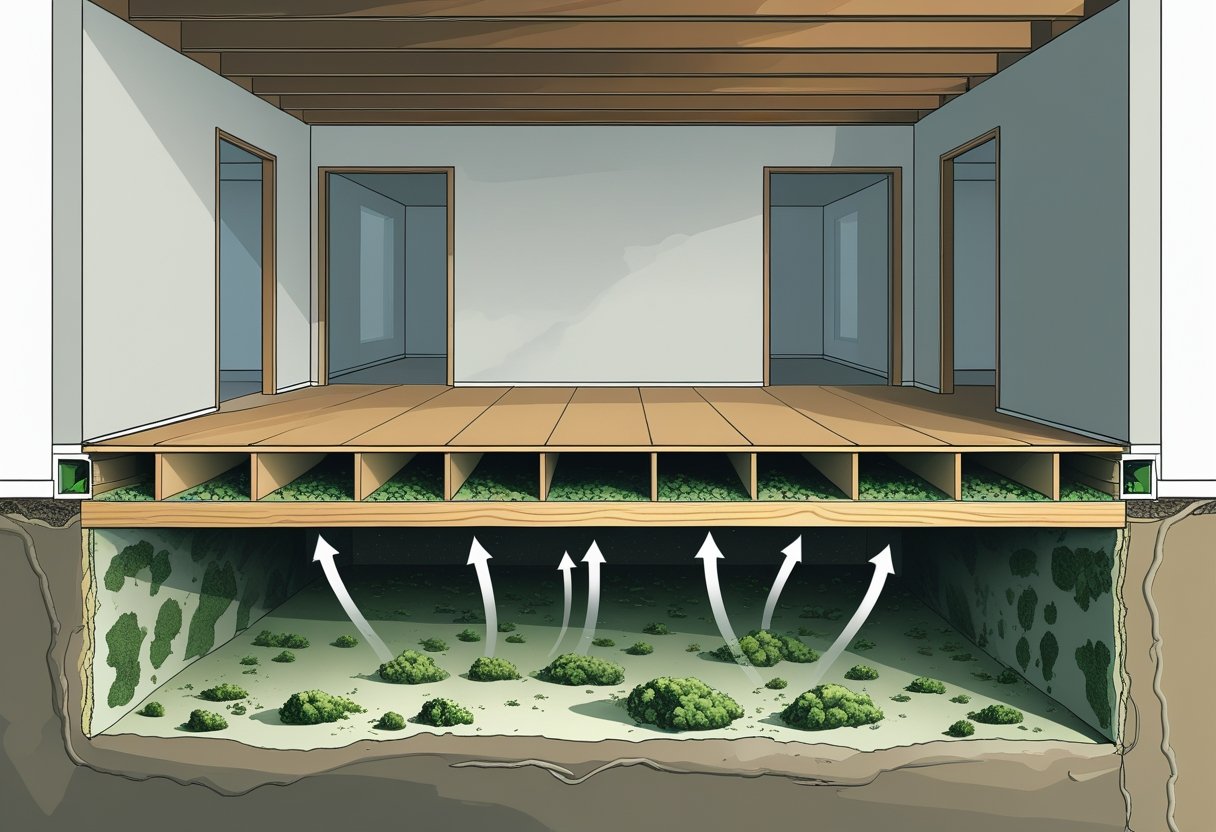Cross-sectional view of a house showing mold growing in the crawl space and spreading through walls and floors into the rooms above.