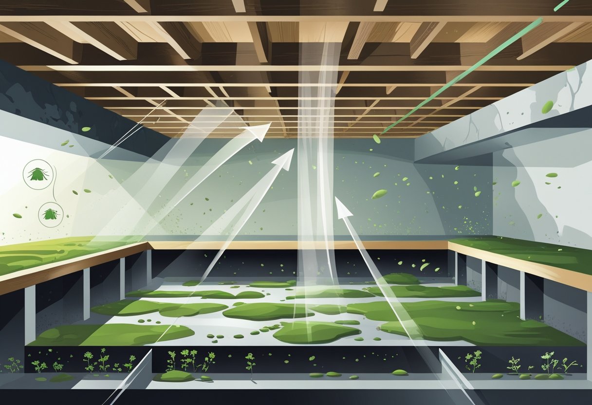 Cross-sectional view of a house showing mold growth in the crawl space and how mold spores spread into the living areas above.