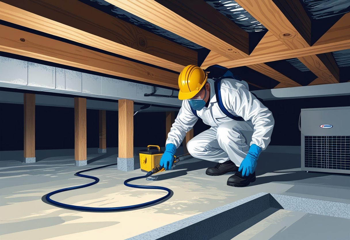 A technician in protective gear inspecting and treating mold in a clean, well-lit crawl space under a house with moisture control equipment visible.