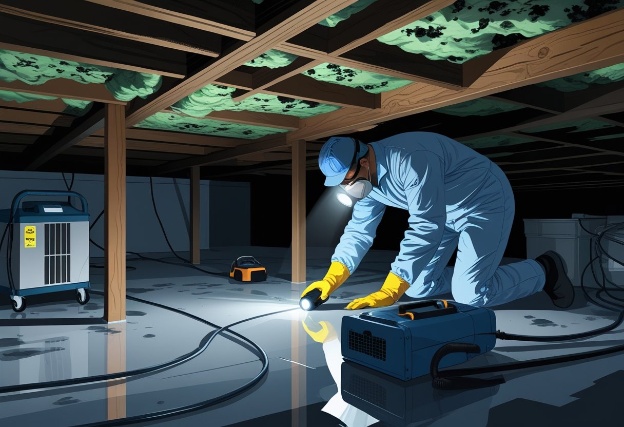Cross-sectional view of a house crawl space with mold patches and a technician inspecting it using protective gear and equipment.
