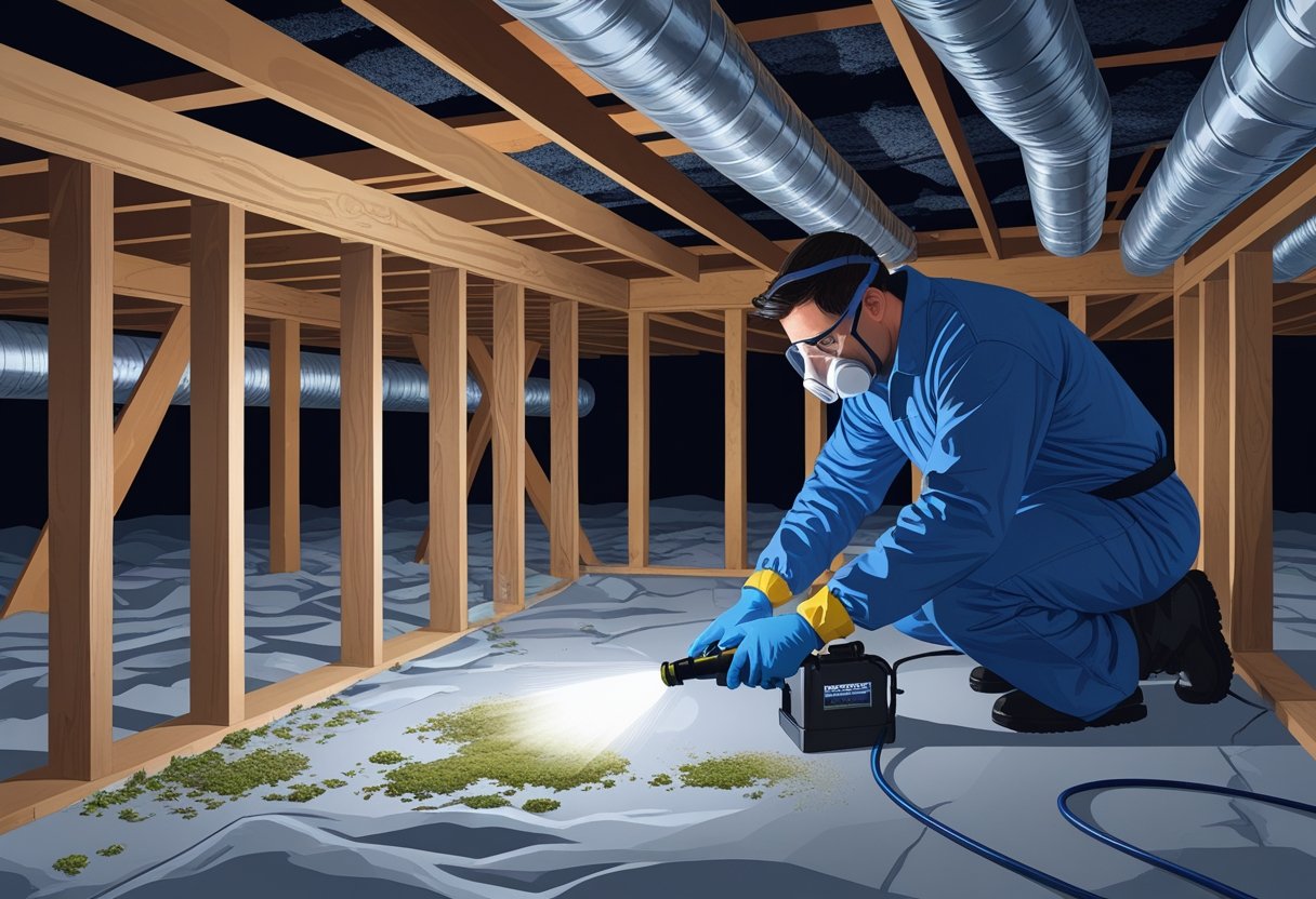 A technician wearing protective gear removes mold from wooden beams inside a residential crawl space beneath a house.