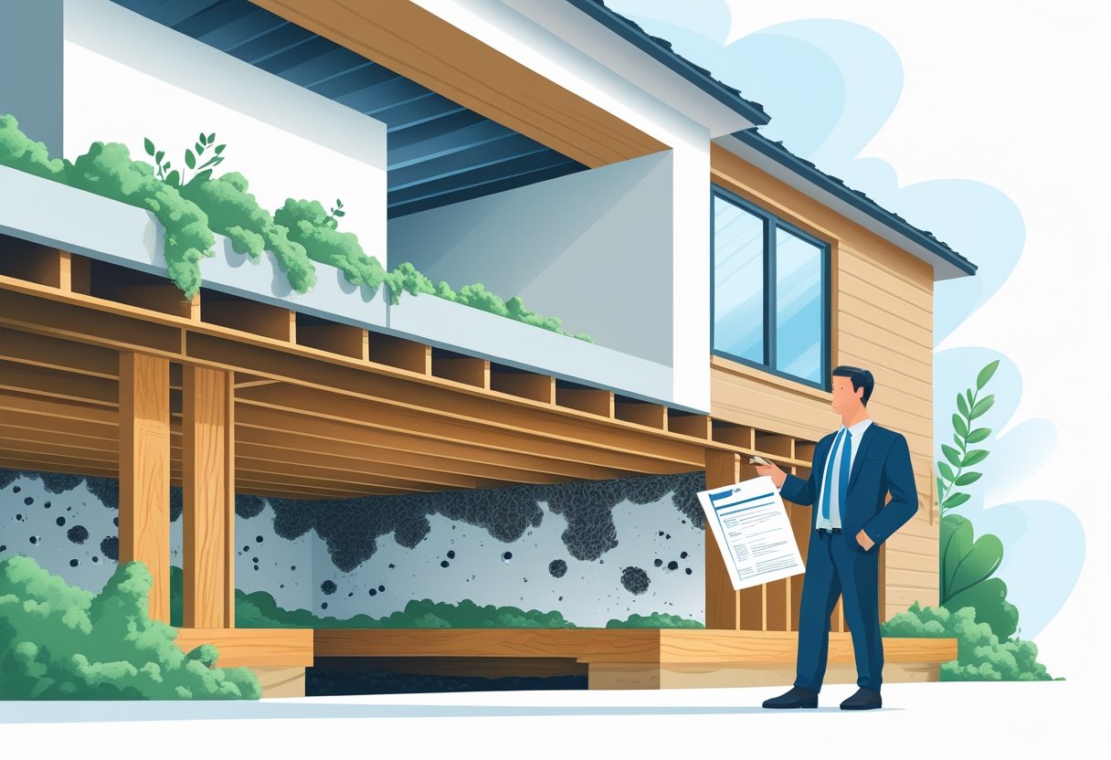 A homeowner and an insurance agent discussing mold in a crawl space beneath a house.