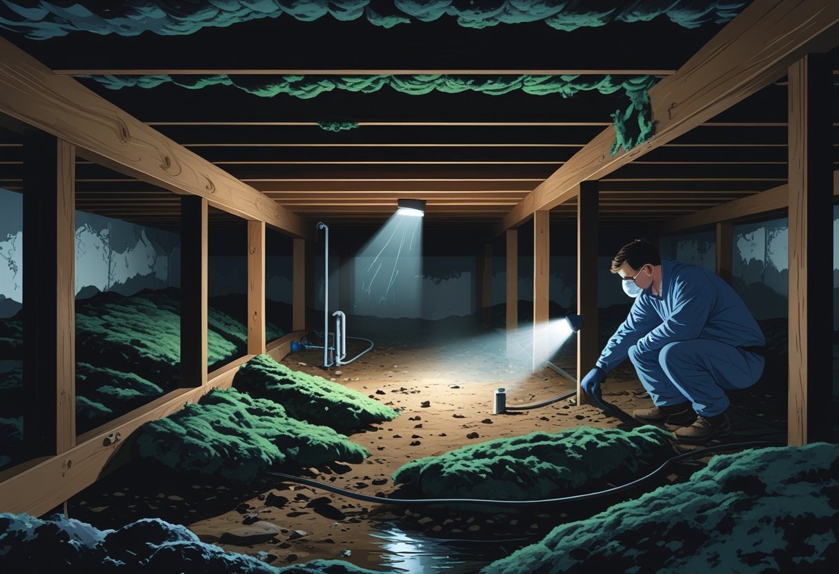 A homeowner inspecting a dimly lit crawl space with visible mold patches on wooden beams and signs of moisture and leaks.