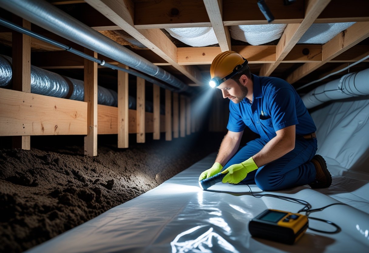 A person wearing a hard hat and headlamp inspecting the underside of a house in a narrow crawl space with exposed beams and insulation.