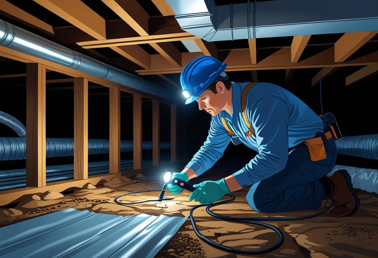 An inspector wearing safety gear examines a crawl space beneath a house, checking wooden beams, insulation, pipes, and vapor barrier with a flashlight and moisture meter.