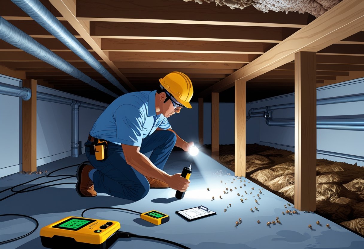 A professional inspector kneeling in a crawl space beneath a house, examining wooden beams, pipes, and foundation walls with a flashlight.