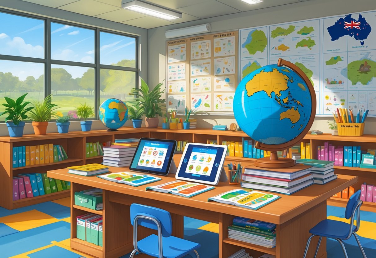 Teaching Resources Australia: Comprehensive Guide for Educators LearningMole A classroom workspace with educational tools and materials related to teaching in Australia, including books, tablets, maps, and science kits on a desk and shelves.