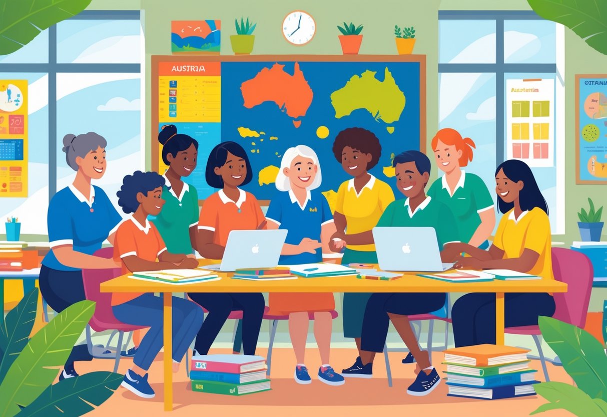 Teaching Resources Australia: Comprehensive Guide for Educators LearningMole A group of diverse teachers working together around a table with teaching materials in a bright classroom with Australian-themed decorations.