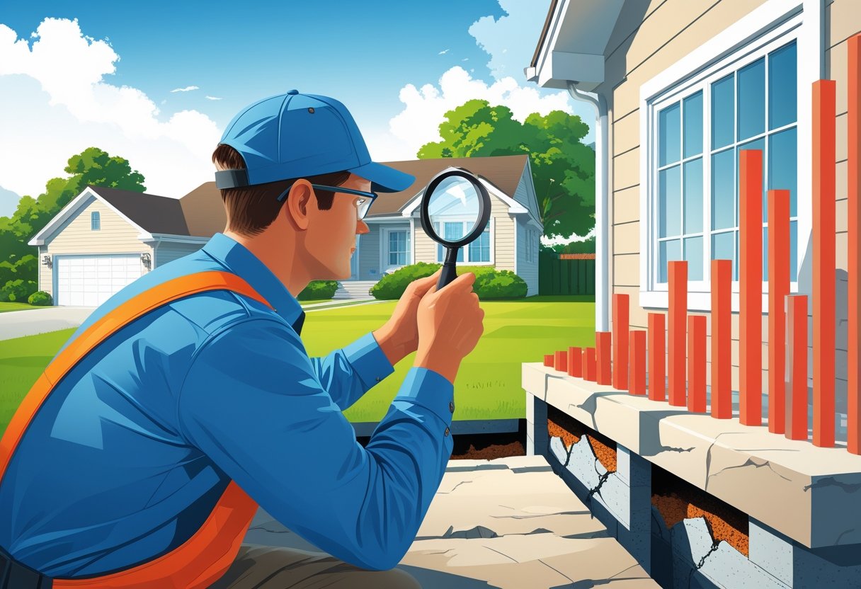 A home inspector examining a house foundation closely with a magnifying glass, showing small cracks and an overlay of rising repair cost bars in the background.