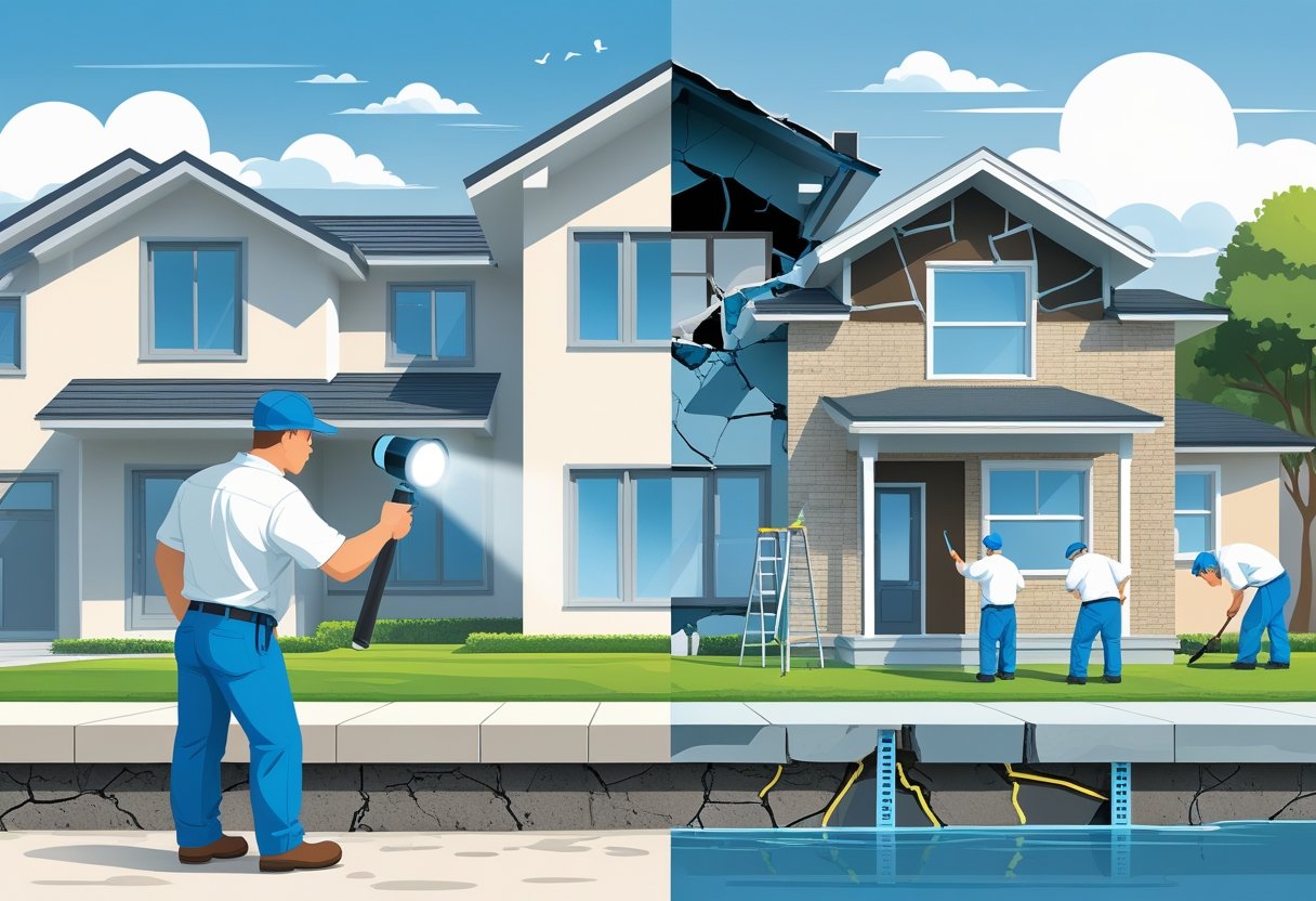 A home inspector examining a house foundation with a flashlight, showing small cracks. The background contrasts a well-maintained house and a damaged house with repair workers fixing it.
