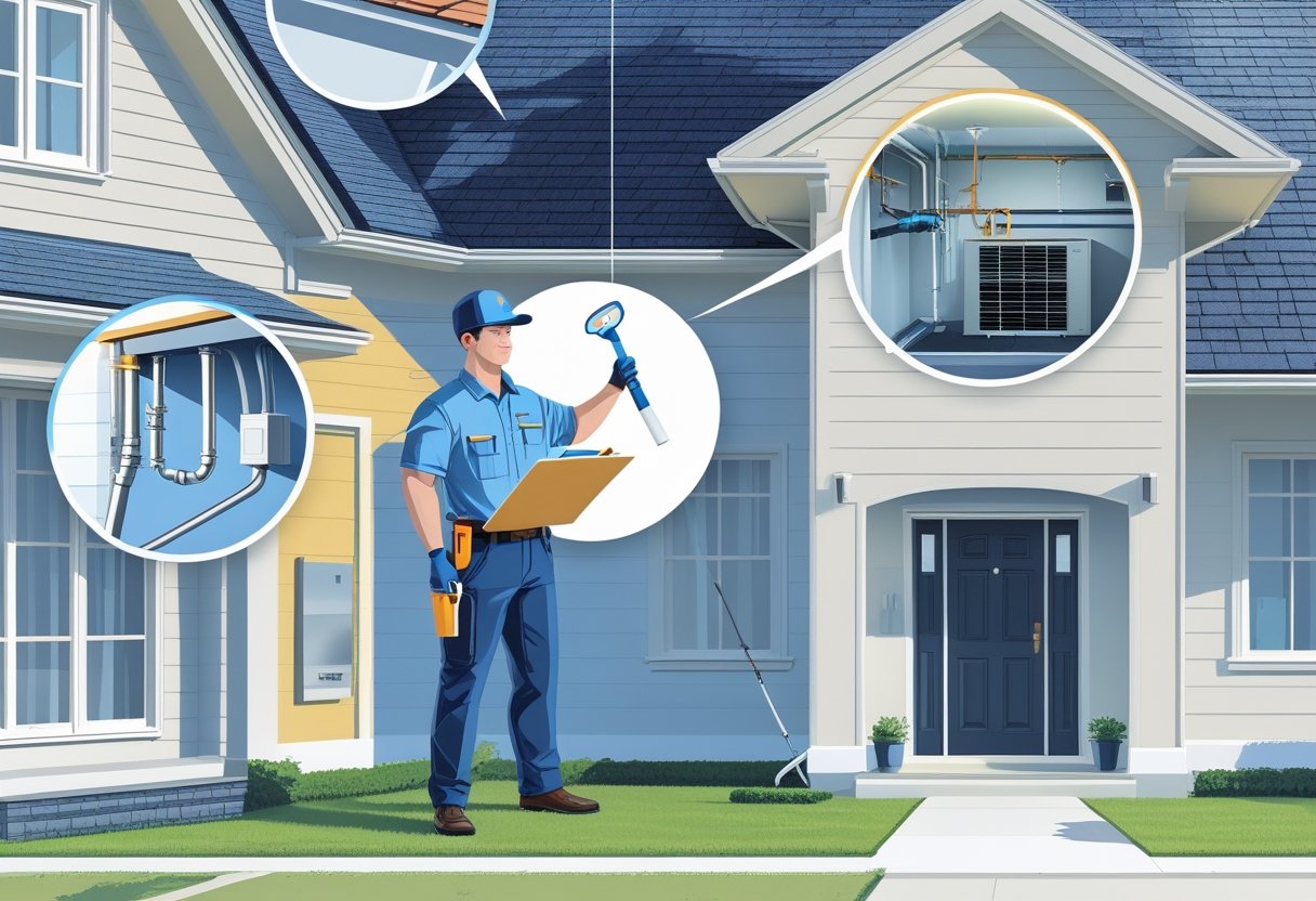 A home inspector examines various parts of a house including the roof, plumbing, electrical panel, and HVAC system to identify potential issues.