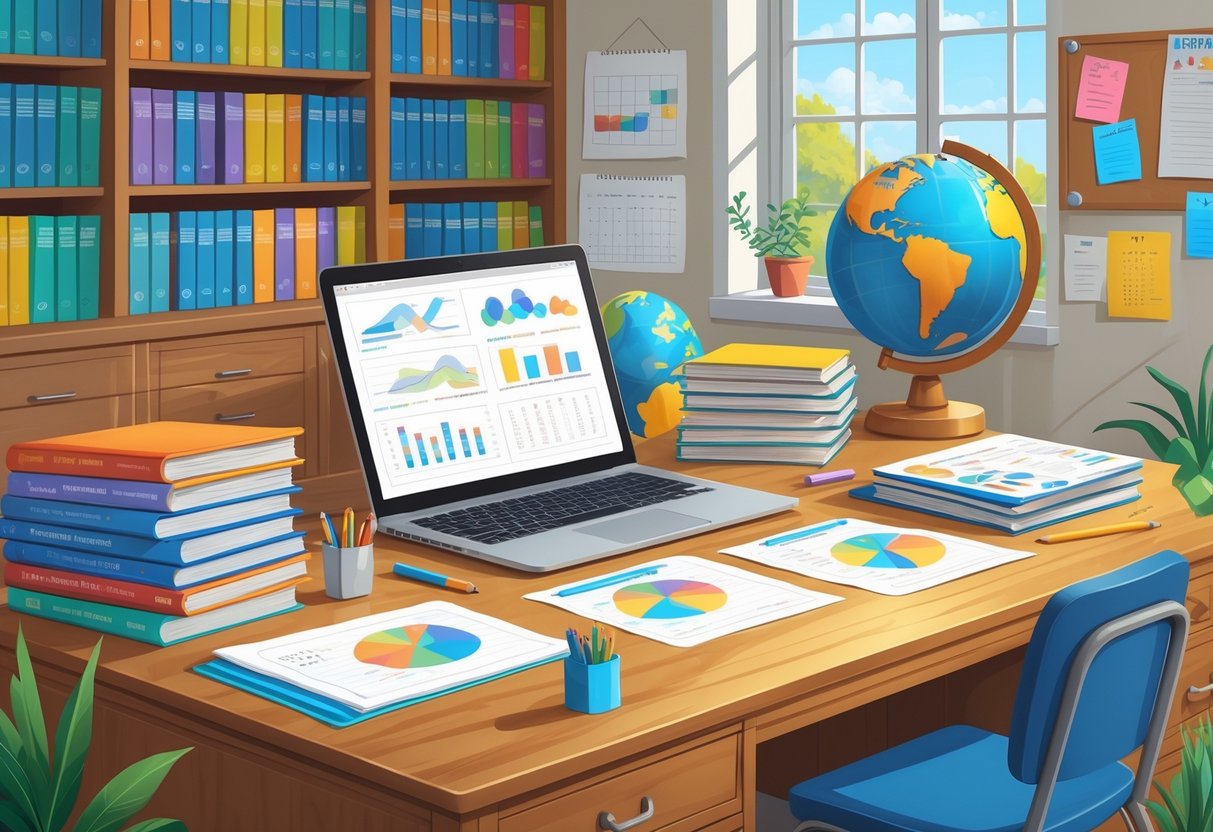 Teaching Resources USA: A Comprehensive Guide for Educators LearningMole A tidy educational workspace with books, a laptop, flashcards, a globe highlighting the USA, and a bookshelf filled with teaching materials.