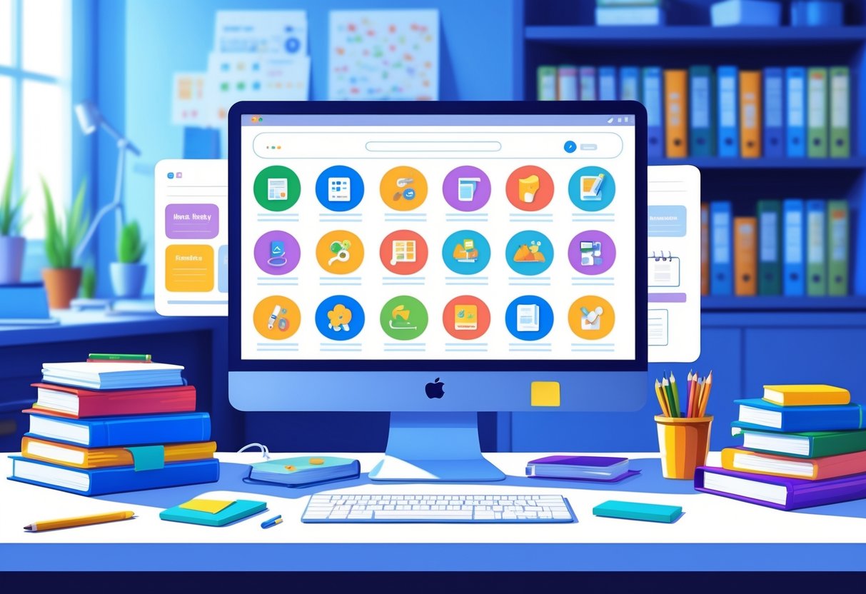 Downloadable Teaching Resources: The Ultimate Guide for Educators LearningMole A tidy workspace with a computer, tablet, books, and stationery, showing an educational website with icons representing downloadable teaching materials.