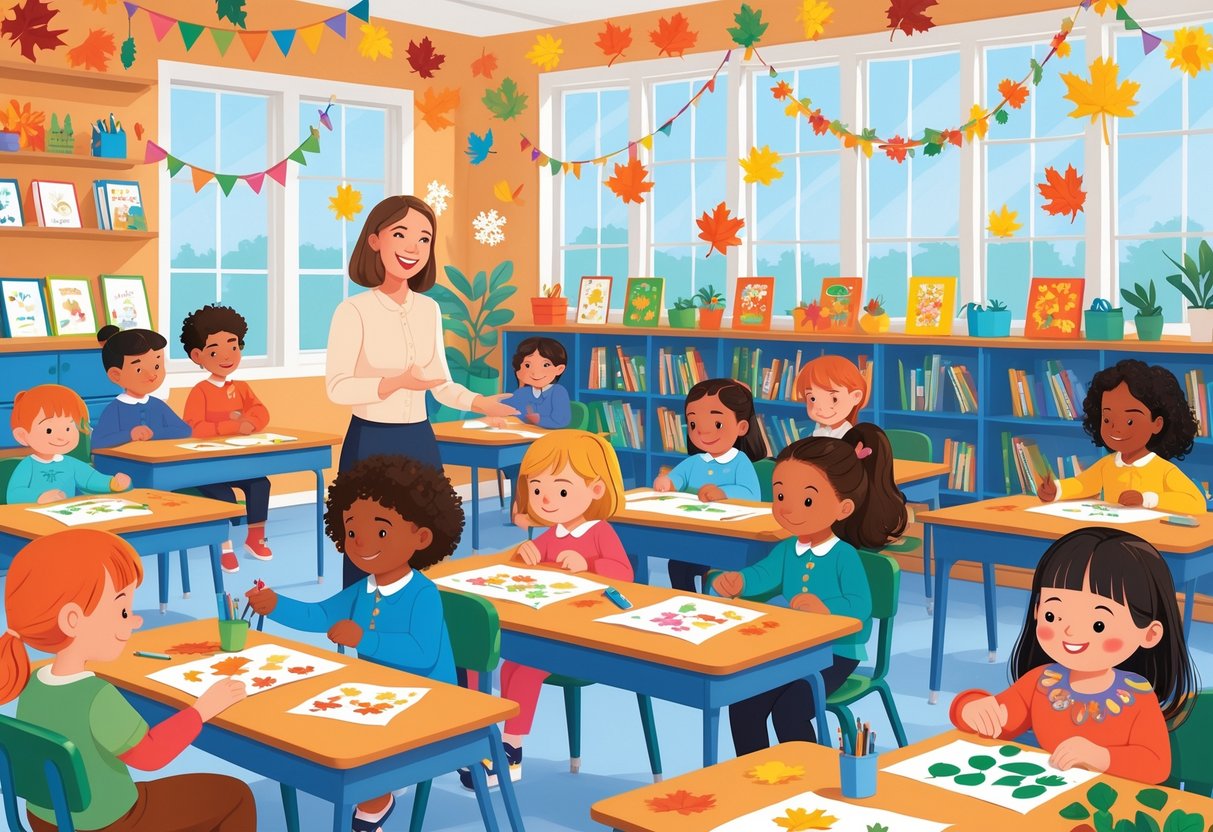 Teaching Resources for Teachers: Best Tools, Templates, and Tips LearningMole A classroom with children and a teacher engaged in various holiday and seasonal craft activities surrounded by colourful decorations representing different seasons.