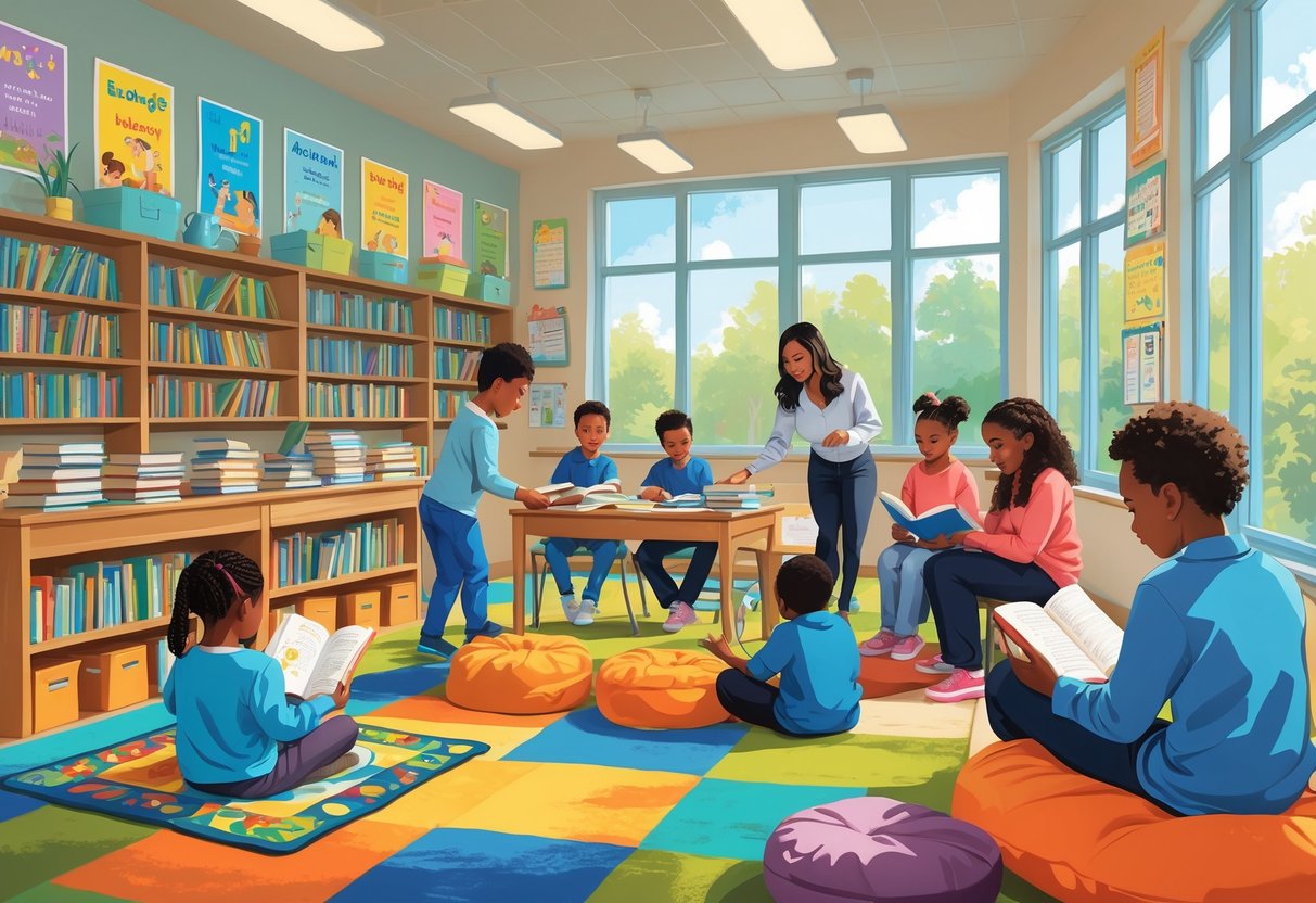 Reading Resources for Teachers: Essential Tools and Strategies LearningMole A diverse group of children and a teacher in a bright classroom engaged in various reading activities with books and reading materials around them.