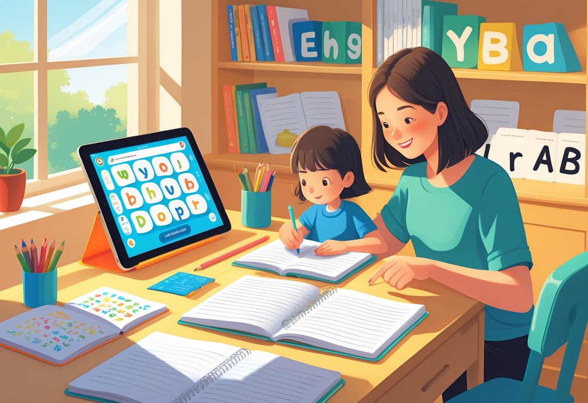 A child and an adult working together at a desk on spelling homework with notebooks, pencils, and educational materials in a bright home study area.