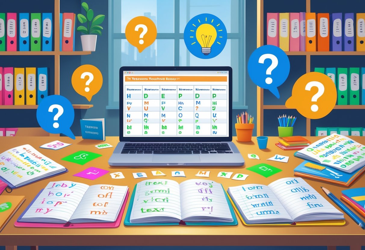 A tidy educational workspace with notebooks, alphabet flashcards, a laptop, and icons of question marks and light bulbs floating above, representing spelling teaching resources and frequently asked questions.
