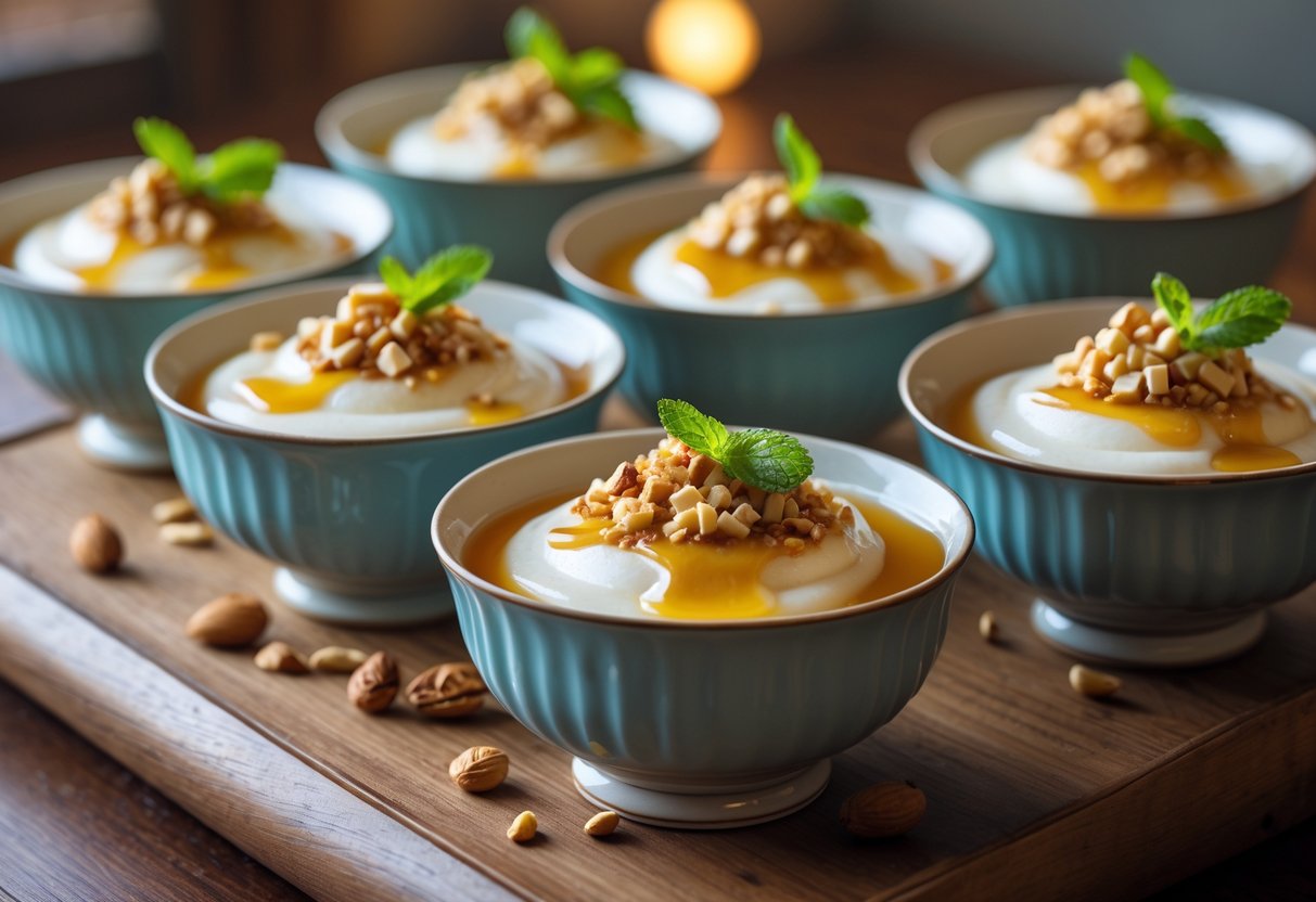 Several bowls of tofu pudding desserts garnished with syrup, nuts, and mint leaves on a wooden table.