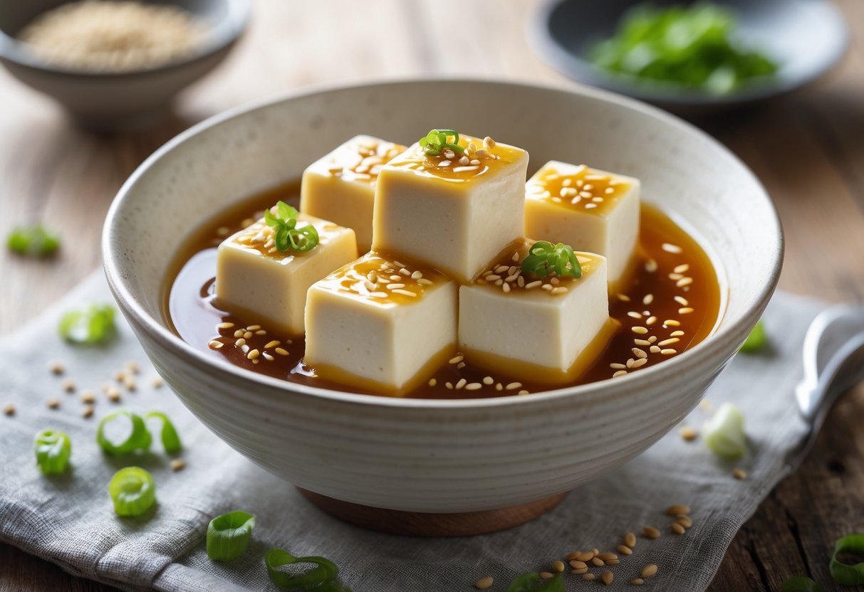 A bowl of silken tofu pudding topped with sweet soy dressing and garnished with green onions and sesame seeds on a wooden surface.